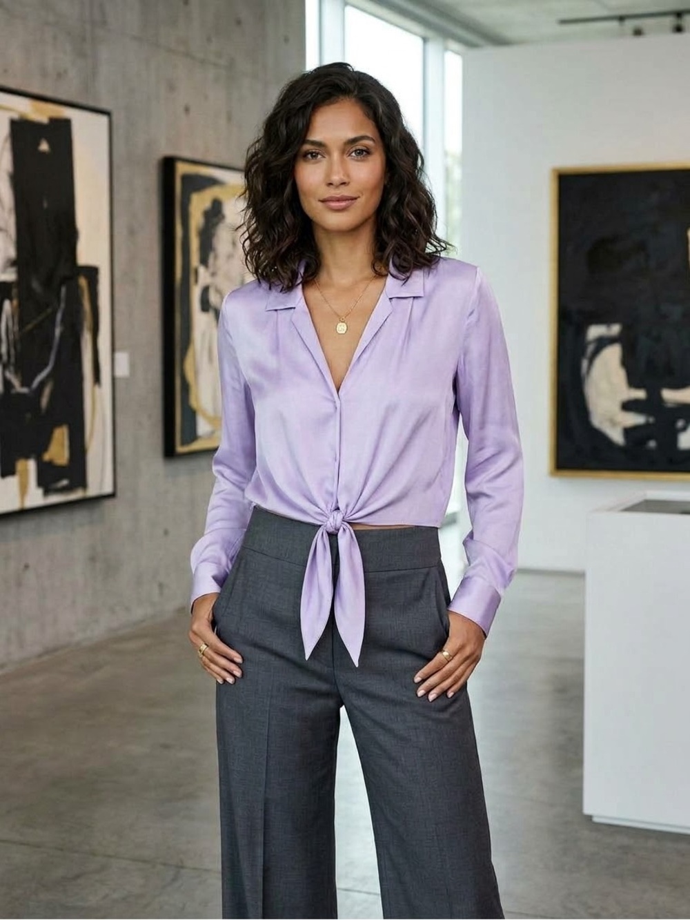 L'AGENCE Lilac Tie-Front Long-Sleeve Blouse Size M
